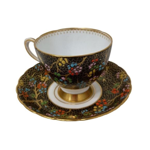 Vintage Tuscan English Bone China Tea Cup & Saucer Gold Accent Floral Colorful